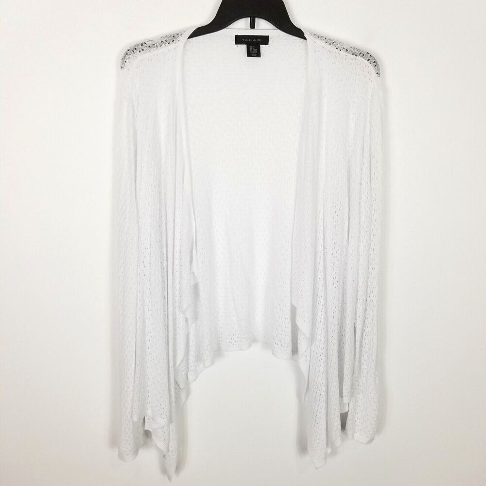 Tahari Women Plus ‎ Linen Blend Crochet Open Front Cardigan Sz 2X White Light